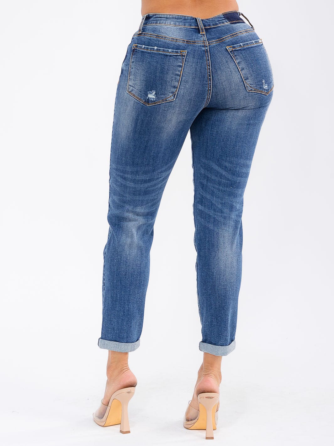 WOMEN'S BUTTON CLOSURE DISTRESS STRETCH DENIM STRAIGHT LEG JEANS