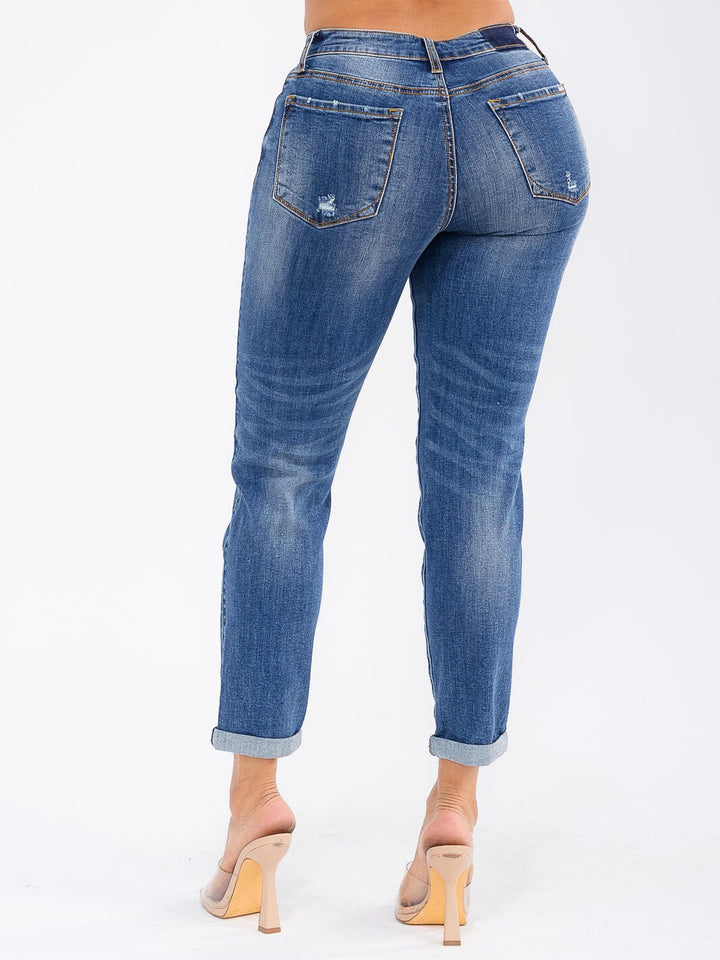 WOMEN'S BUTTON CLOSURE DISTRESS STRETCH DENIM STRAIGHT LEG JEANS