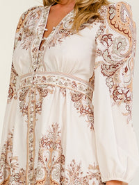 WOMEN'S LONG SLEEVE BUTTON UP V-NECK MULTI PRINT MINI DRESS