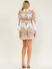WOMEN'S LONG SLEEVE BUTTON UP V-NECK MULTI PRINT MINI DRESS
