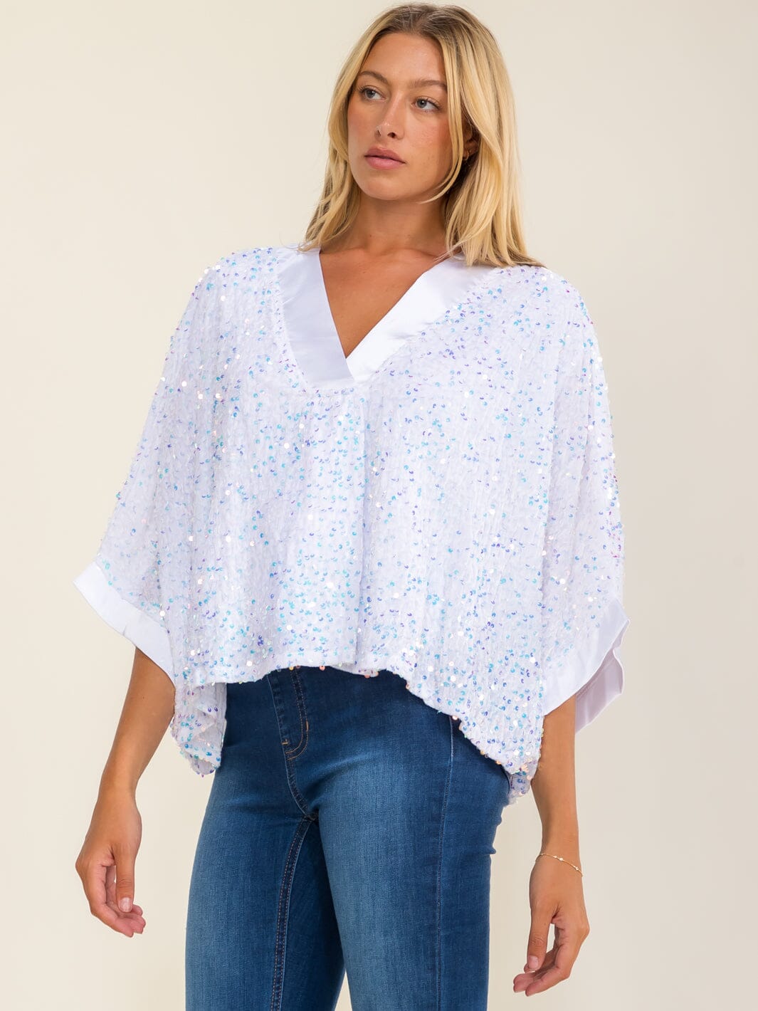 ENTRO WOMEN'S SHORT SLEEVE V-NECK LOOSE FIT SEQUINS BLOUSE