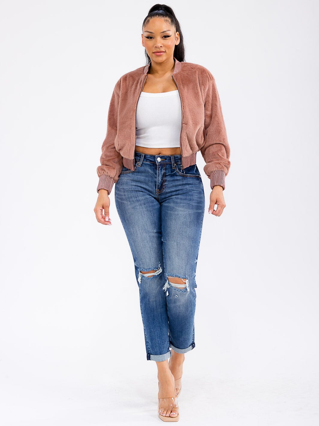 WOMEN'S LONG SLEEVE ZIPPER CLOSURE FRONT POCKETS FUZZY BOMBER JACKET