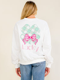 WOMEN'S LONG SLEEVE CLOVER LUCKY STITCHED GRAPHIC PULLOVER SWEATER