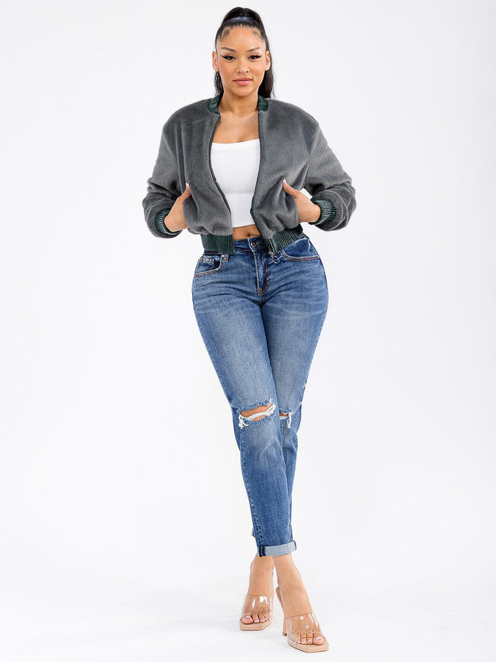 WOMEN'S LONG SLEEVE ZIPPER CLOSURE FRONT POCKETS FUZZY BOMBER JACKET