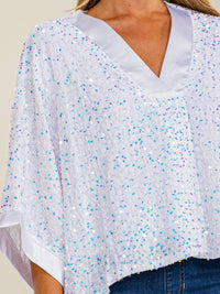 ENTRO WOMEN'S SHORT SLEEVE V-NECK LOOSE FIT SEQUINS BLOUSE