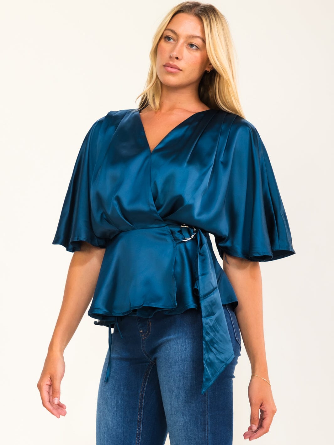 WOMEN'S SHORT SLEEVE SELF TIE WRAP BLOUSE