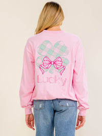 WOMEN'S LONG SLEEVE CLOVER LUCKY STITCHED GRAPHIC PULLOVER SWEATER