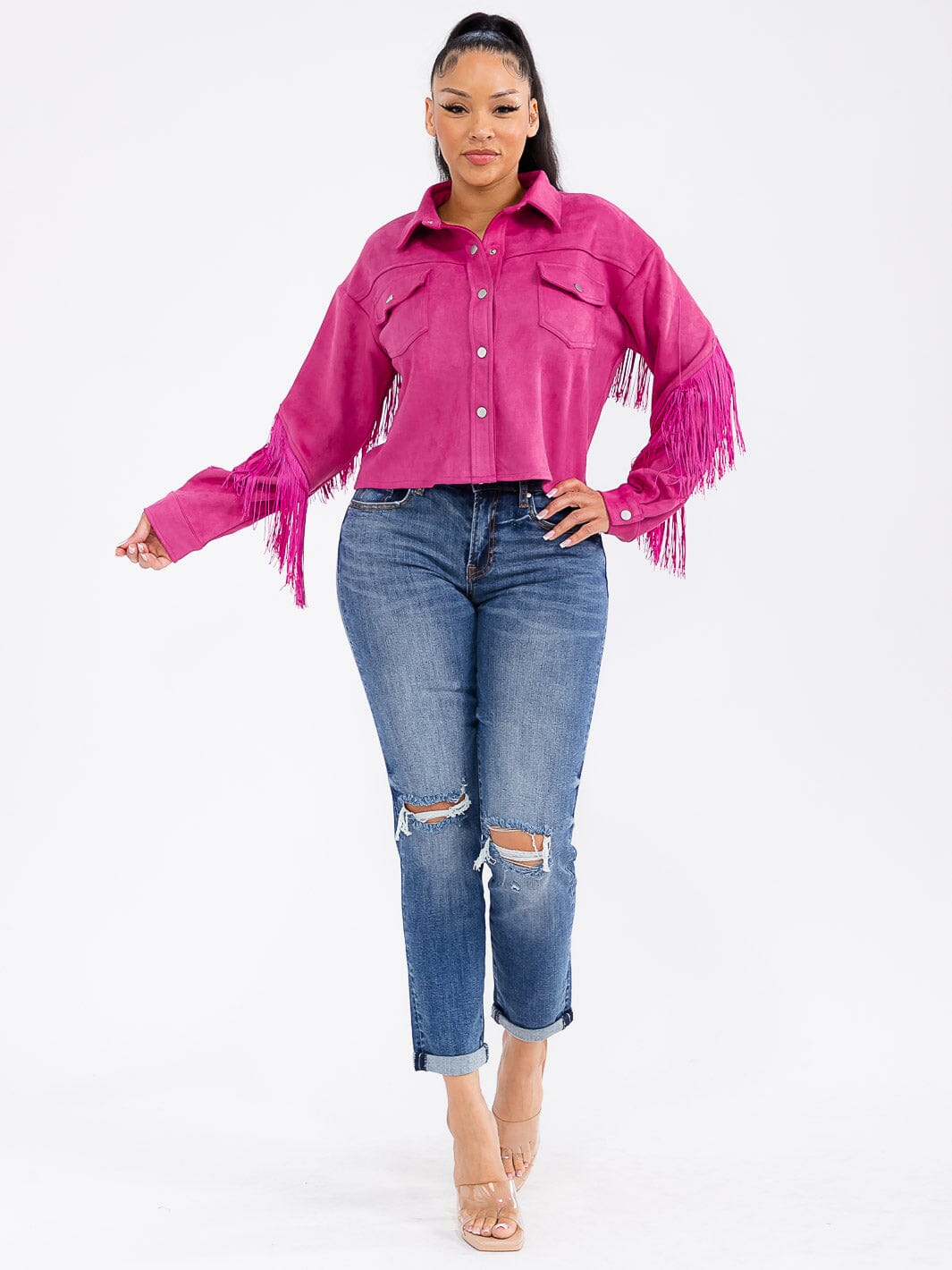 WOMEN'S LONG SLEEVE BUTTON CLOSURE POCKETS FRINGE JACKET