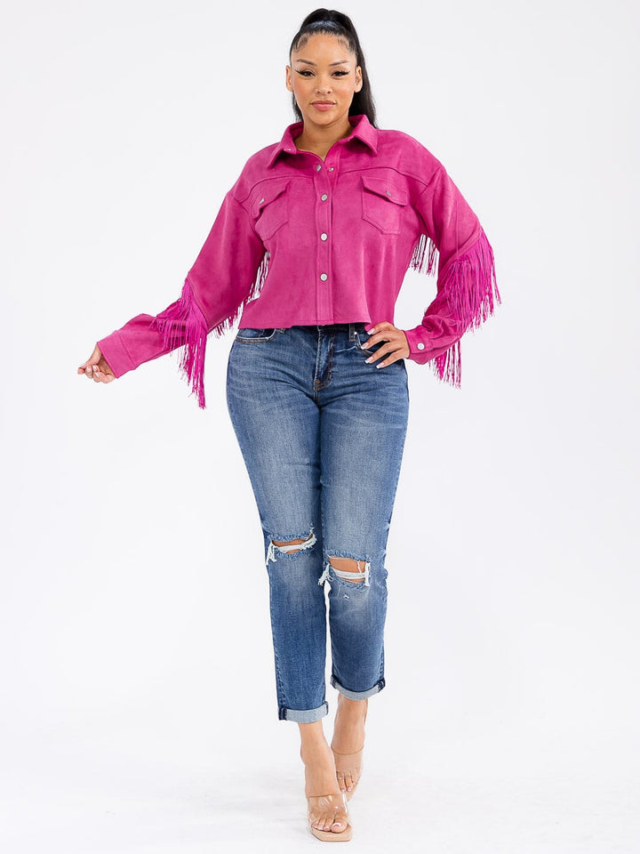 WOMEN'S LONG SLEEVE BUTTON CLOSURE POCKETS FRINGE JACKET