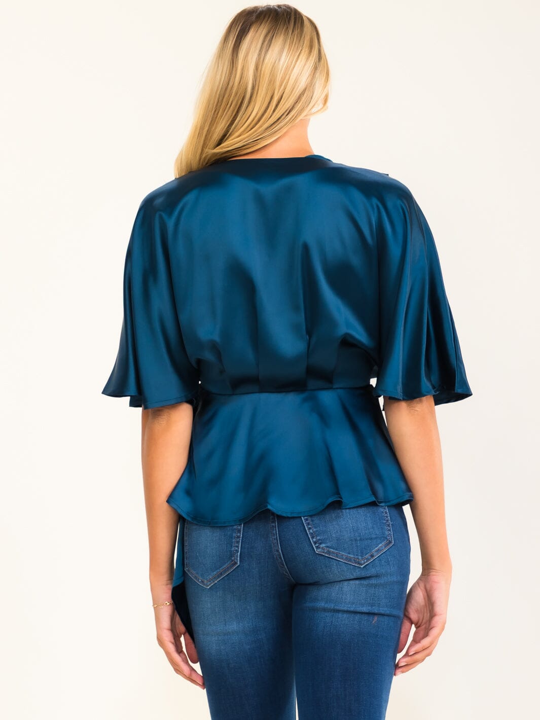 WOMEN'S SHORT SLEEVE SELF TIE WRAP BLOUSE