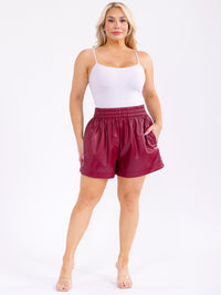 PLUS SIZE ELASTIC WAIST FRONT POCKETS PU PLEATHER MINI SHORTS