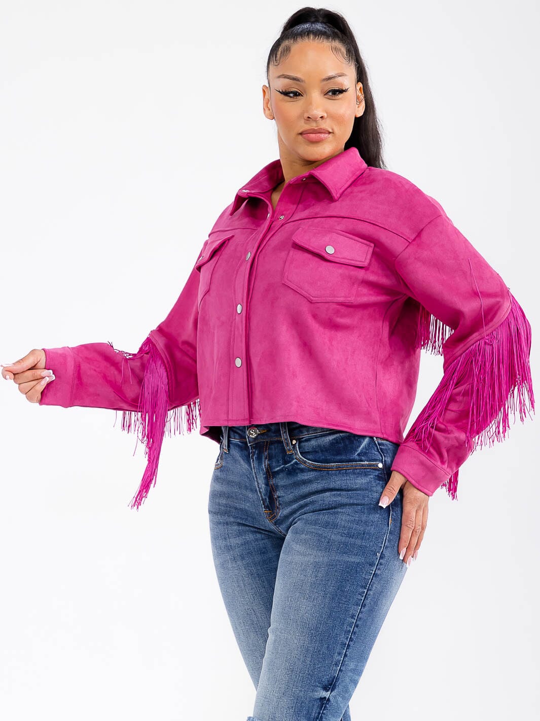 WOMEN'S LONG SLEEVE BUTTON CLOSURE POCKETS FRINGE JACKET