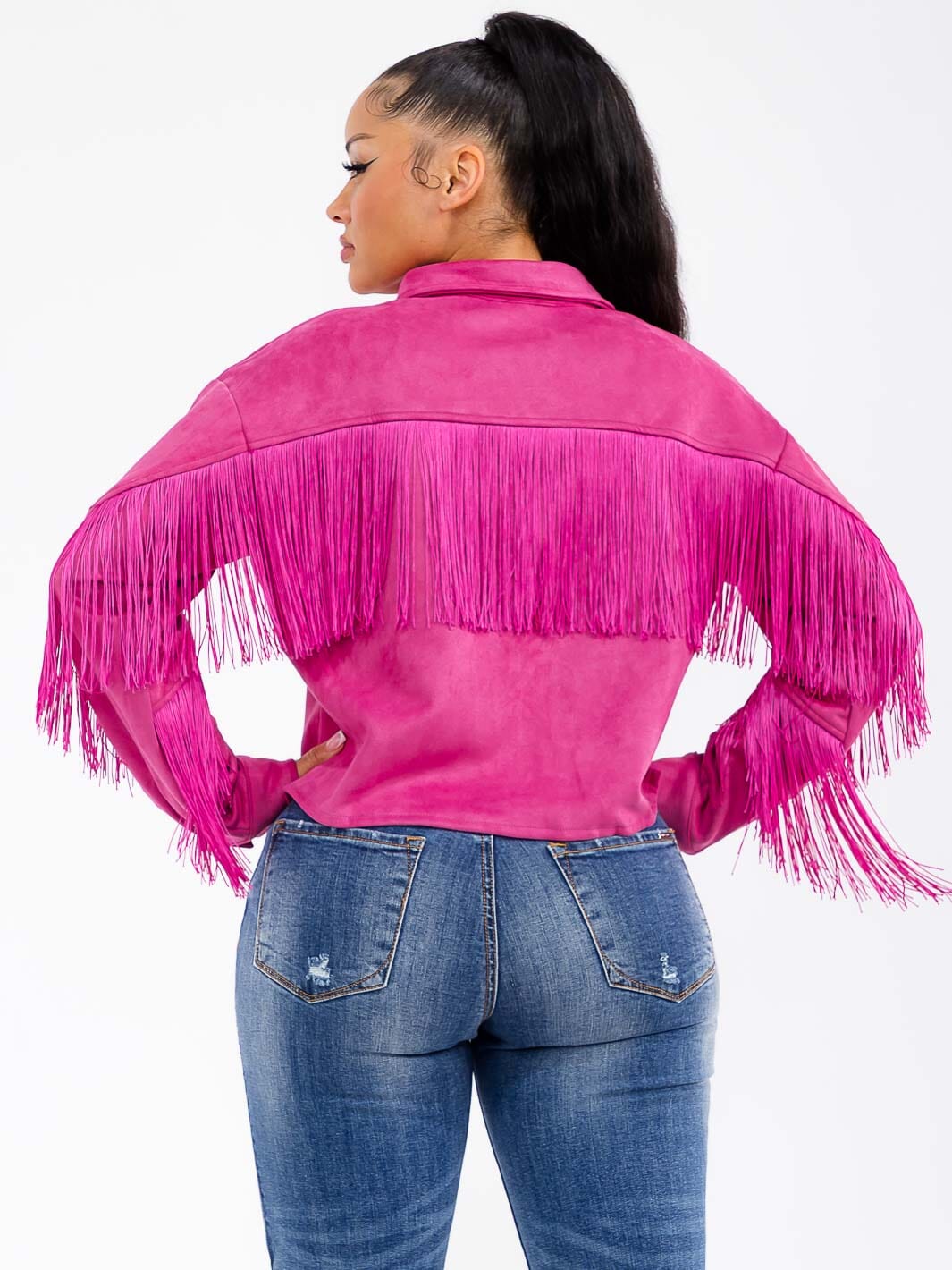 WOMEN'S LONG SLEEVE BUTTON CLOSURE POCKETS FRINGE JACKET