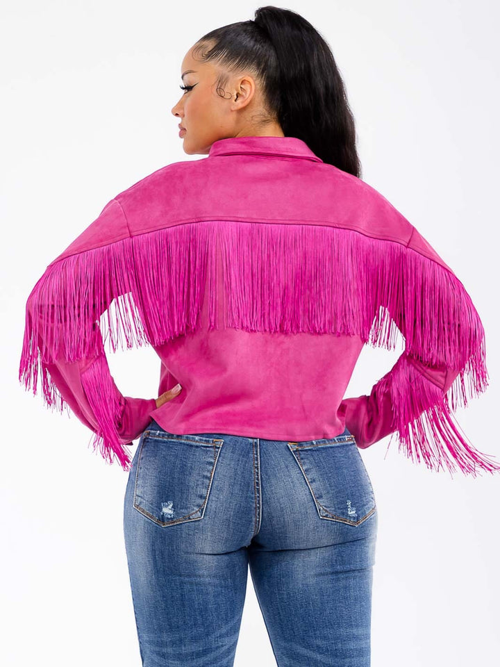 WOMEN'S LONG SLEEVE BUTTON CLOSURE POCKETS FRINGE JACKET