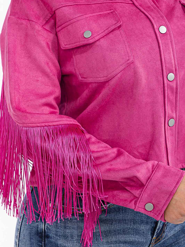 WOMEN'S LONG SLEEVE BUTTON CLOSURE POCKETS FRINGE JACKET