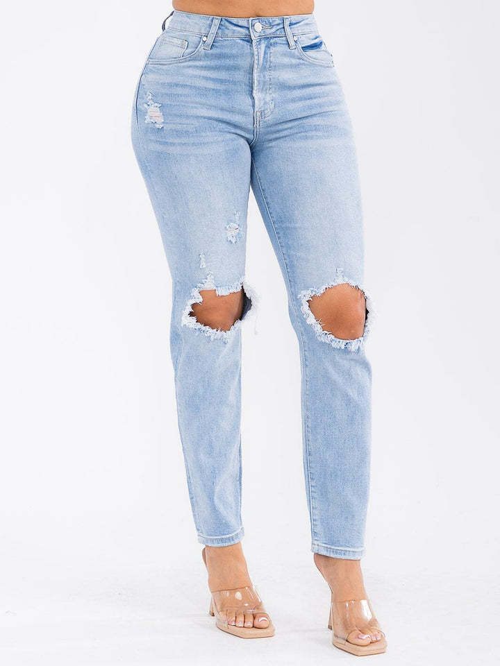 WOMEN'S BUTTON CLOSURE DISTRESS STRETCH DENIM STRAIGHT LEG JEANS