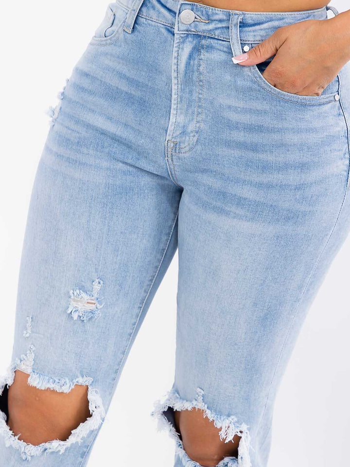 WOMEN'S BUTTON CLOSURE DISTRESS STRETCH DENIM STRAIGHT LEG JEANS