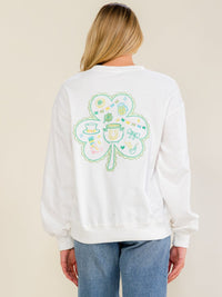WOMEN'S LONG SLEEVE CLOVER STITCHED GRAPHIC PULLOVER SWEATER