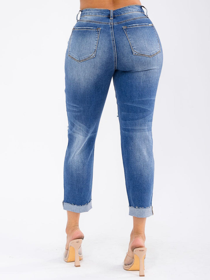 WOMEN'S BUTTON CLOSURE DISTRESS STRETCH DENIM JEANS