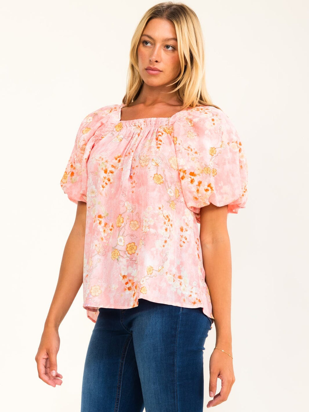 WOMEN'S SHORT PUFF SLEEVE SQUARE NECK SMOCK FLORAL BLOUSE