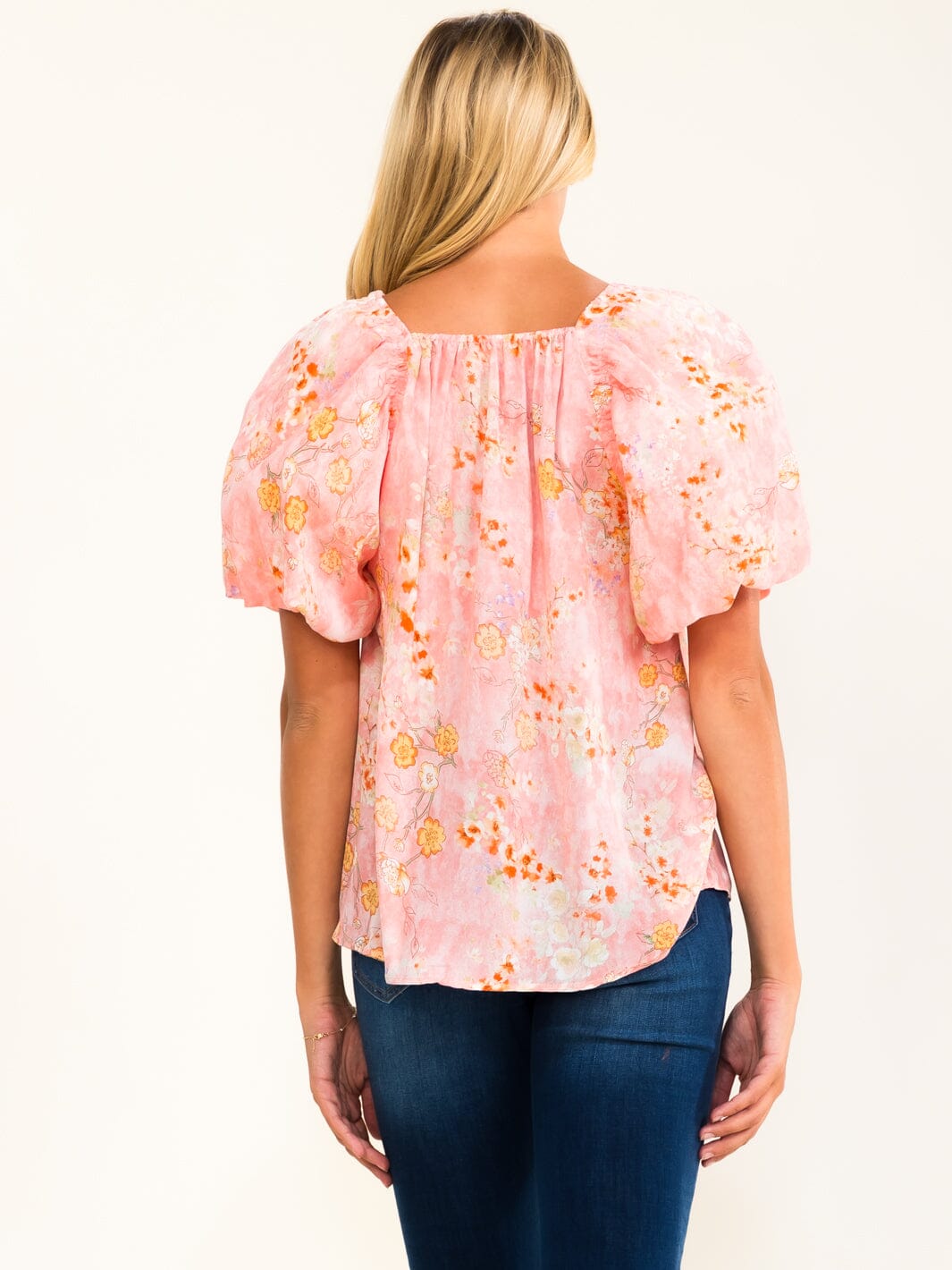WOMEN'S SHORT PUFF SLEEVE SQUARE NECK SMOCK FLORAL BLOUSE