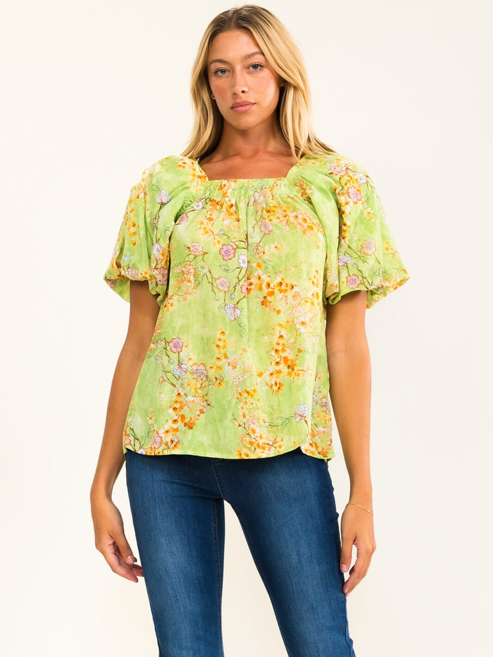 WOMEN'S SHORT PUFF SLEEVE SQUARE NECK SMOCK FLORAL BLOUSE
