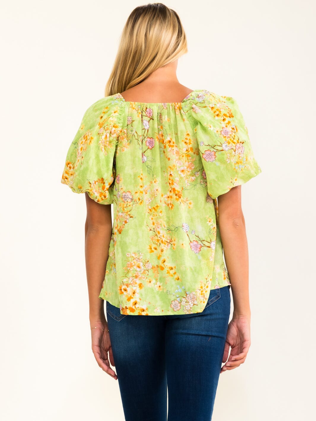 WOMEN'S SHORT PUFF SLEEVE SQUARE NECK SMOCK FLORAL BLOUSE