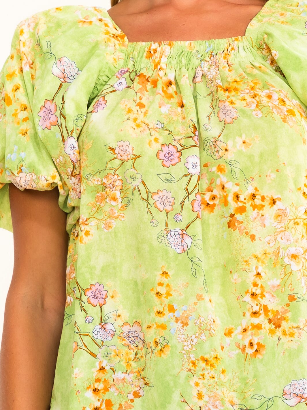WOMEN'S SHORT PUFF SLEEVE SQUARE NECK SMOCK FLORAL BLOUSE