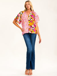ENTRO WOMEN'S SHORT SLEEVE BUTTON UP FLORAL PRINT BLOUSE