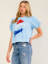 WOMEN'S SHORT PUFF SLEEVE GRAPHIC TOP