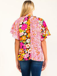 ENTRO WOMEN'S SHORT SLEEVE BUTTON UP FLORAL PRINT BLOUSE