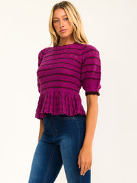 ENTRO WOMEN'S SHORT RUFFLE COLORBLOCK STRIPES PEPLUM KNIT BLOUSE