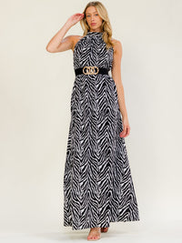WOMEN'S SLEEVELESS HALTER NECK BELTED ZEBRA PRINT MAXI DRESS