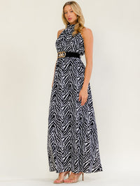 WOMEN'S SLEEVELESS HALTER NECK BELTED ZEBRA PRINT MAXI DRESS