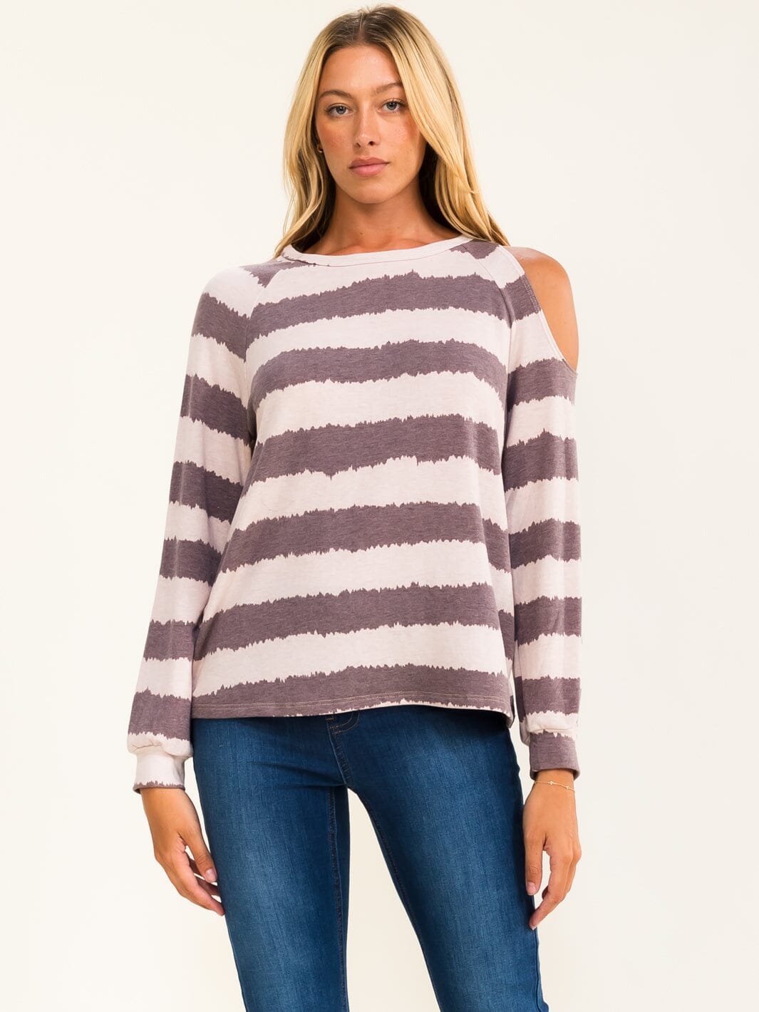 ENTRO WOMEN'S LONG SLEEVE COLD SHOULDER COLORBLOCK STRIPES TOP