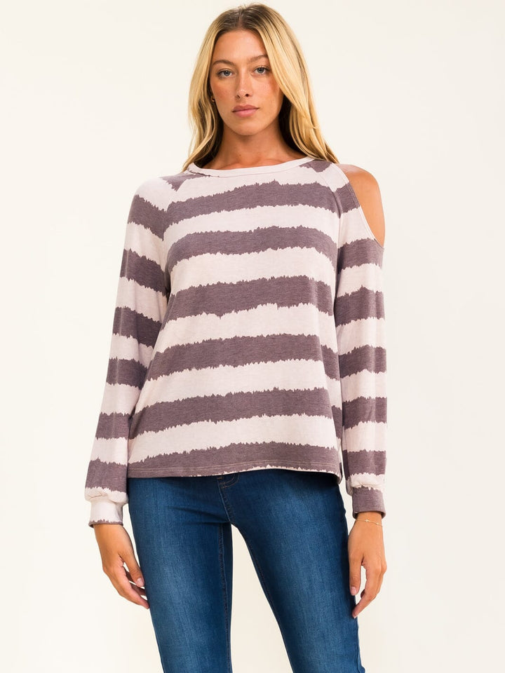 ENTRO WOMEN'S LONG SLEEVE COLD SHOULDER COLORBLOCK STRIPES TOP
