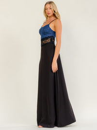 WOMEN'S SLEEVELESS DENIM LACE CONTRAST MAXI DRESS