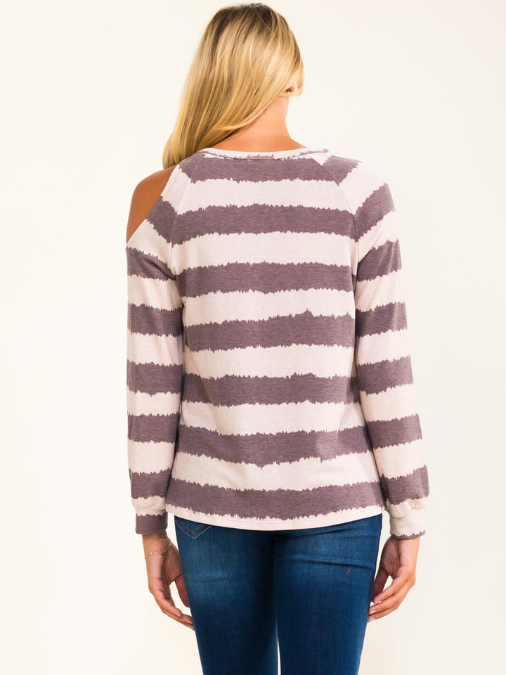 ENTRO WOMEN'S LONG SLEEVE COLD SHOULDER COLORBLOCK STRIPES TOP