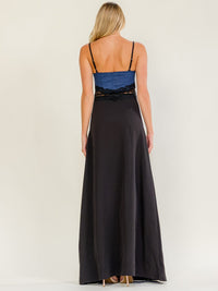 WOMEN'S SLEEVELESS DENIM LACE CONTRAST MAXI DRESS