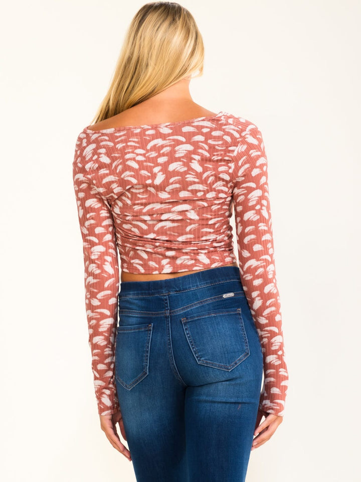 ENTRO WOMEN'S LONG SLEEVE V-NECK RUCHED ANIMAL PRINT TOP