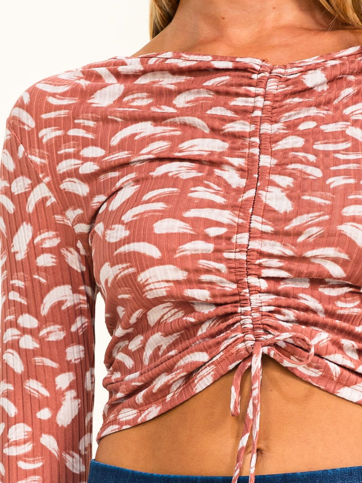 ENTRO WOMEN'S LONG SLEEVE V-NECK RUCHED ANIMAL PRINT TOP