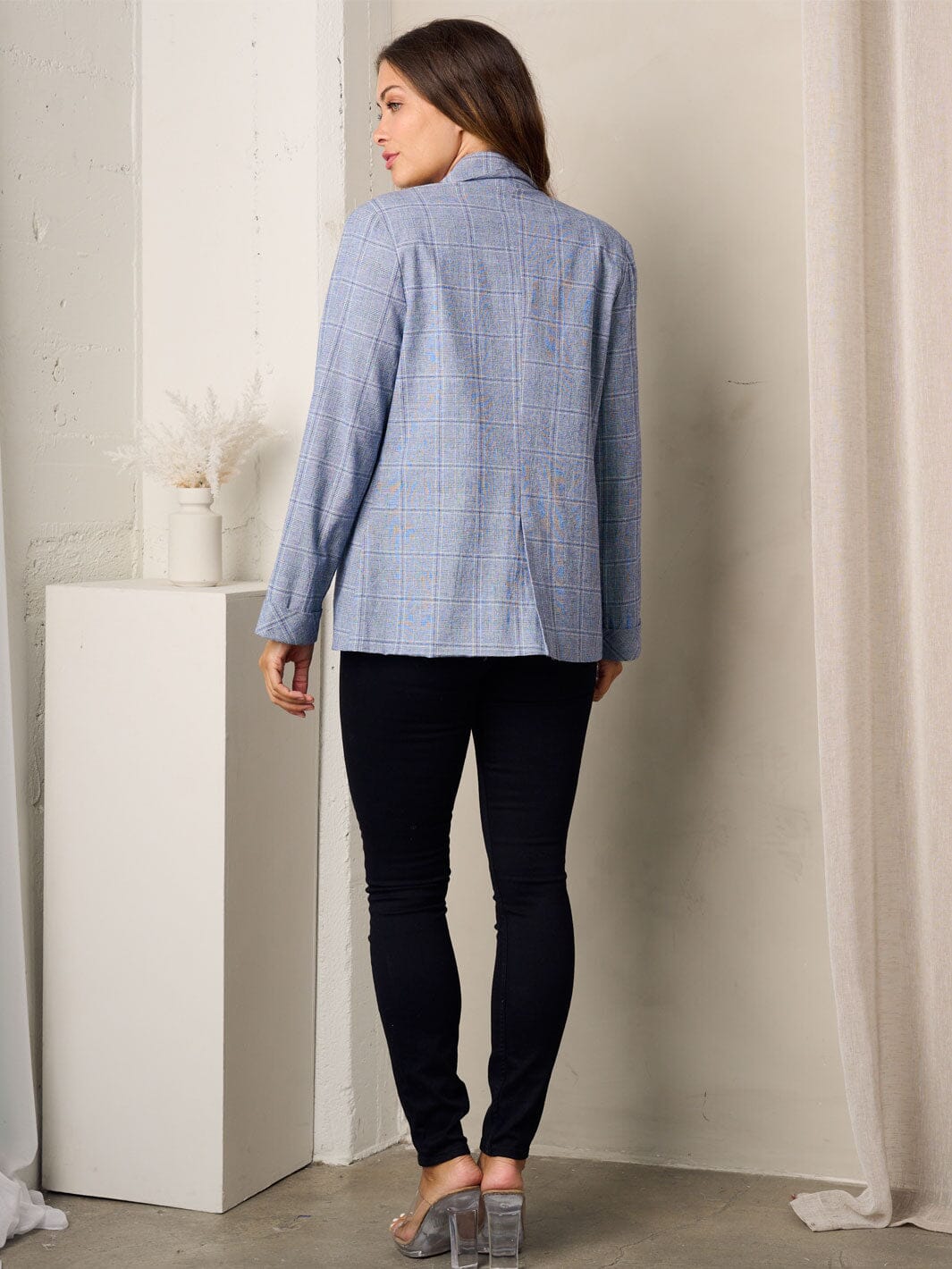 WOMEN'S LONG SLEEVE BUTTON CLOSURE CHECKERS PRINT BLAZER