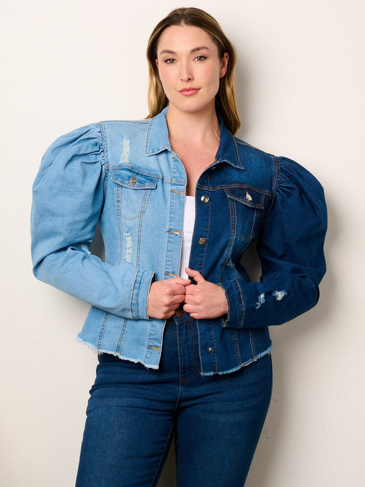 PLUS SIZE LONG PUFF SLEEVE BUTTON CLOSURE COLORBLOCK DENIM JACKET