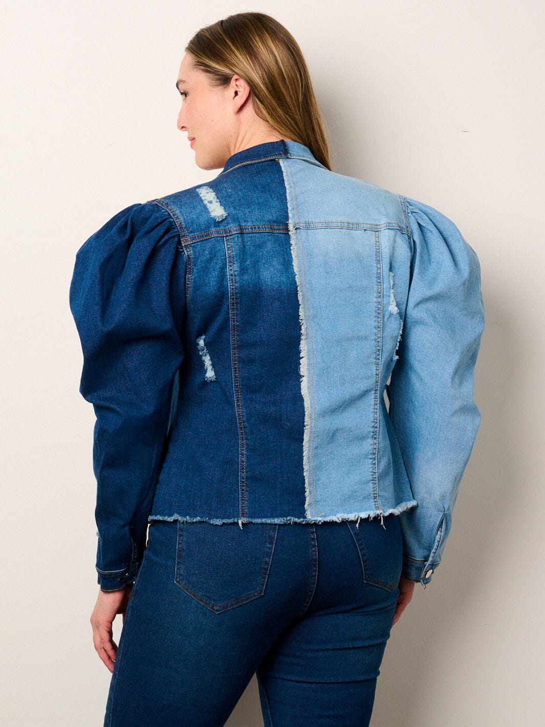 PLUS SIZE LONG PUFF SLEEVE BUTTON CLOSURE COLORBLOCK DENIM JACKET
