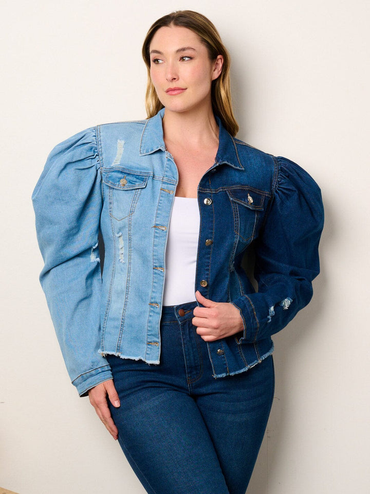 PLUS SIZE LONG PUFF SLEEVE BUTTON CLOSURE COLORBLOCK DENIM JACKET