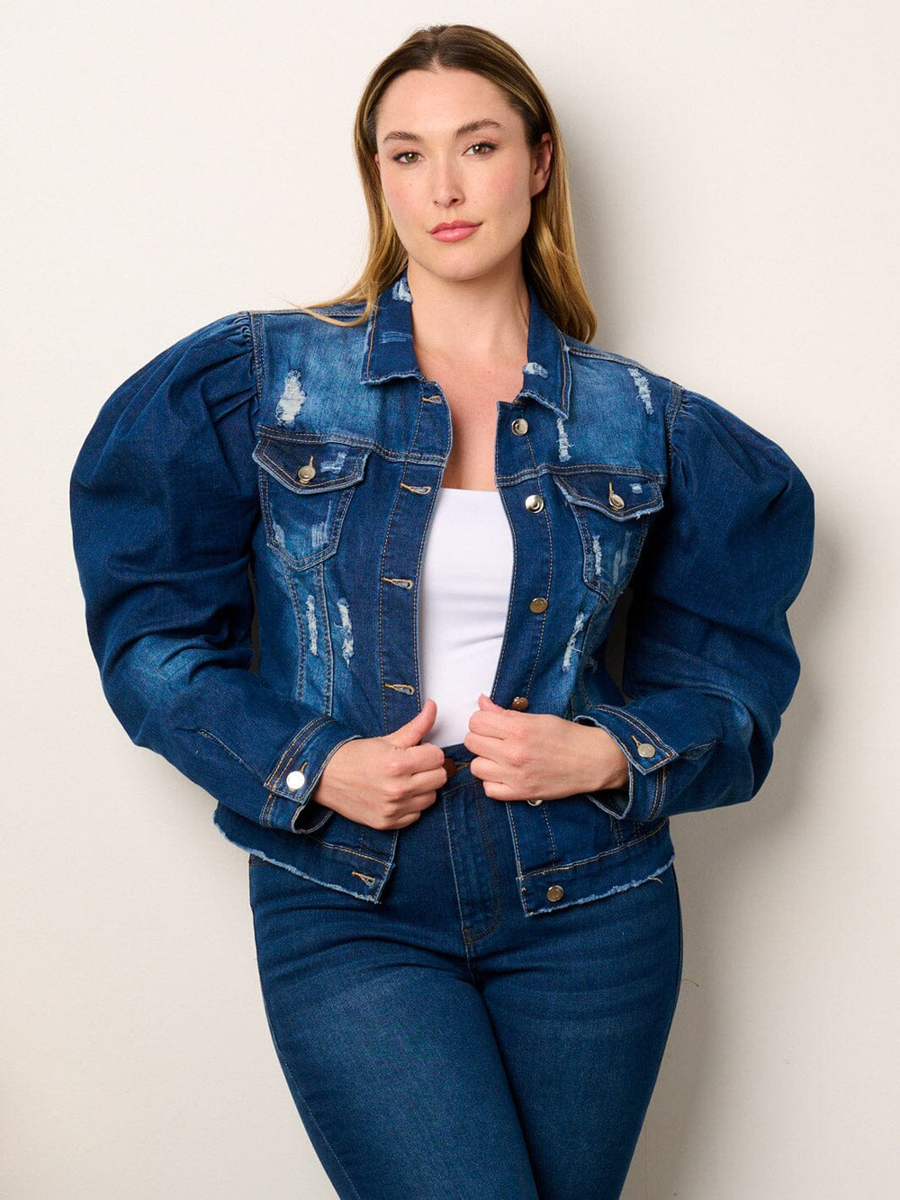 PLUS SIZE LONG PUFF SLEEVE BUTTON CLOSURE DISTRESS DENIM JACKET