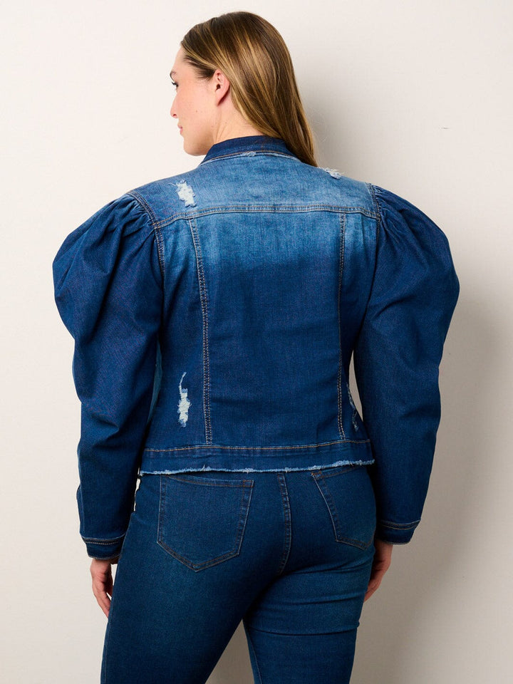 PLUS SIZE LONG PUFF SLEEVE BUTTON CLOSURE DISTRESS DENIM JACKET