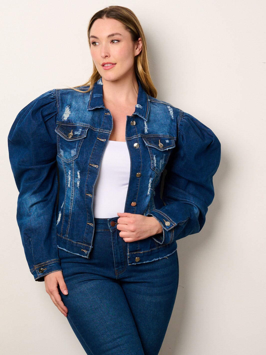 PLUS SIZE LONG PUFF SLEEVE BUTTON CLOSURE DISTRESS DENIM JACKET