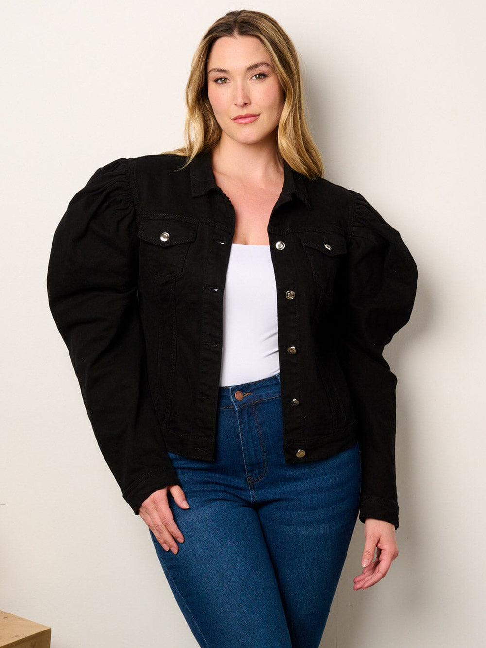 PLUS SIZE LONG PUFF SLEEVE BUTTON CLOSURE DENIM JACKET