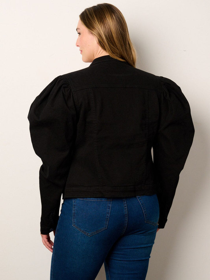 PLUS SIZE LONG PUFF SLEEVE BUTTON CLOSURE DENIM JACKET